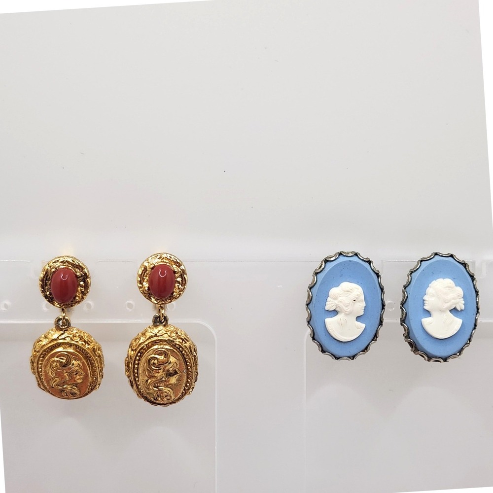 Vintage Cameo Clip On Earrings Set 2 Pairs Cottagecore Antique Victorian Style